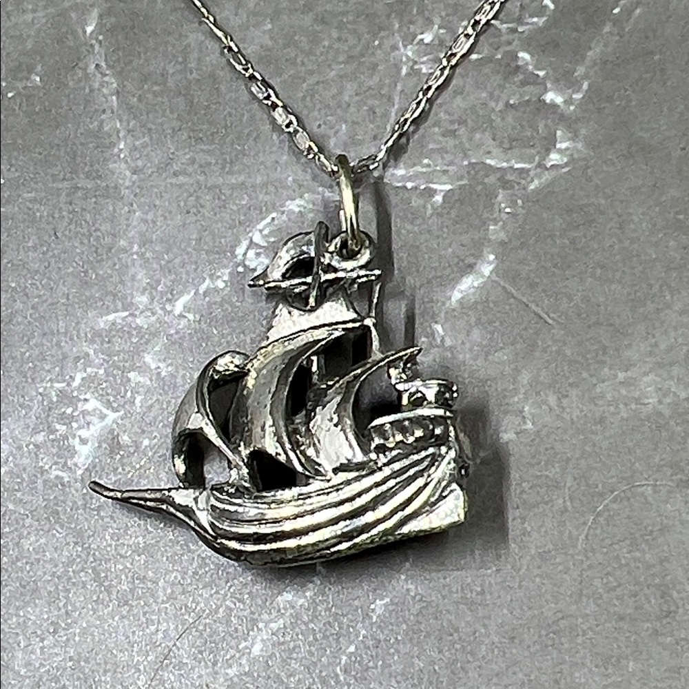 Sterling Silver Pirate Ship Nautical Pendant Necklace - Picture 3 of 14